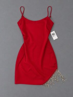City Studios Red Rhinestone Fringe Mini Dress Size 1 (XS) NWT